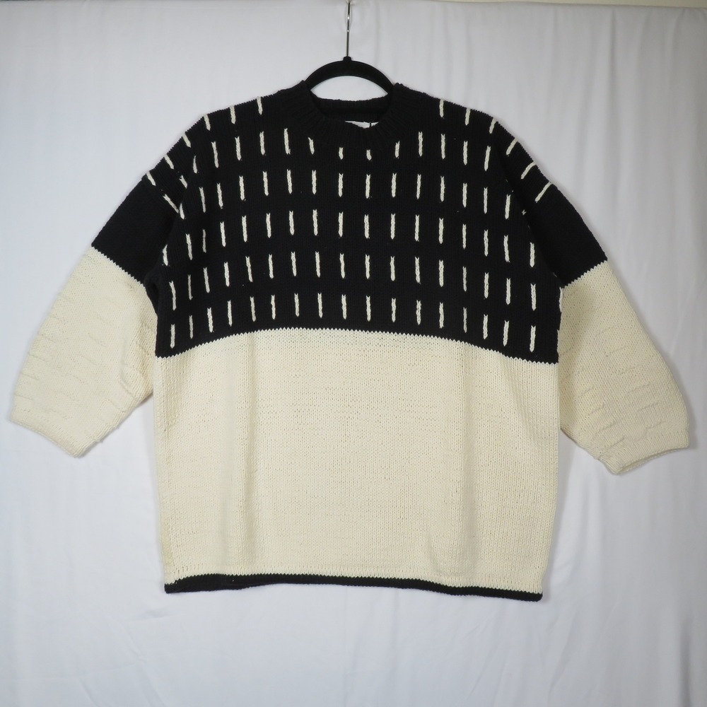 Anne Mieke New York‎ Hand Knit Cotton Womens Sweater Black Cream M Medium